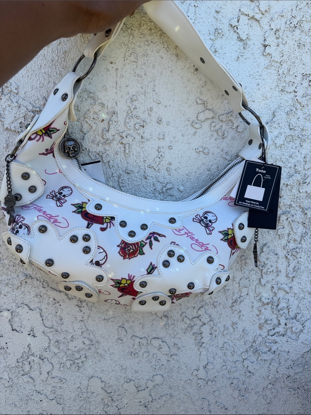 Ed hardy White Floral Studded Hobo Tote Bag